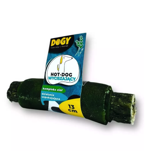 DOGY Calm Hot-Dog 13 cm, zielony gryzak z melisą i rumiankiem w papierowej etykiecie