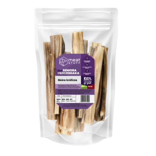Suszona skóra królicza dla psa, miękki gryzak naturalny 15 cm, opakowanie 100 g