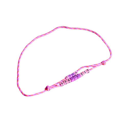 Różowa adresówka paracord Bueno DOG z imieniem FIGA i numerem telefonu z koralików
