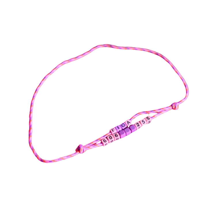 Różowa adresówka paracord Bueno DOG z imieniem FIGA i numerem telefonu z koralików