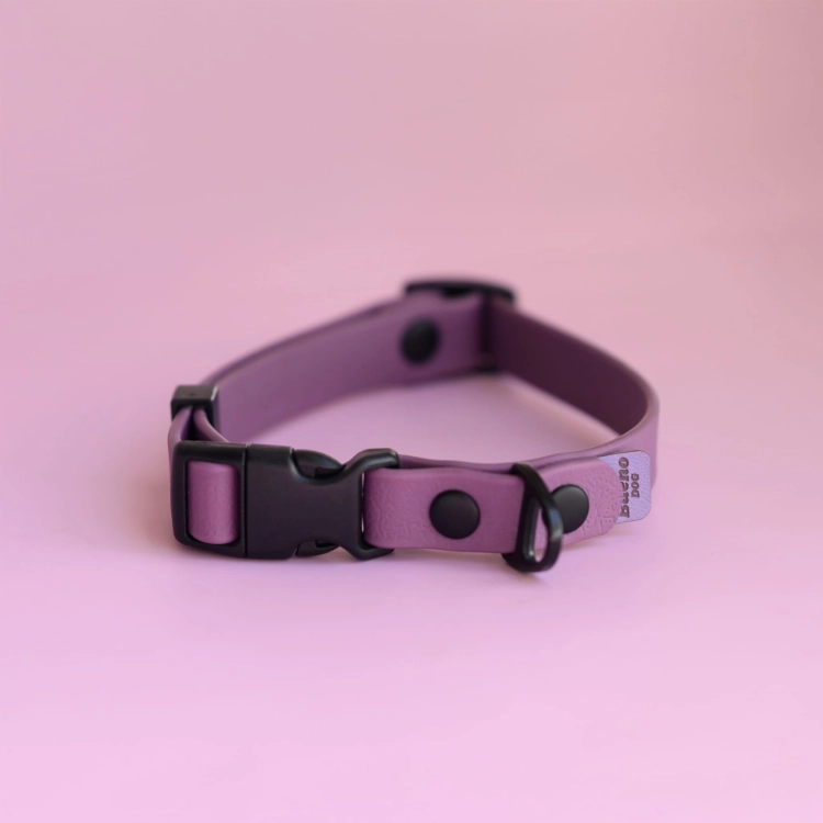 Fioletowa obroża Bueno DOG PawTex 16 mm na różowym tle, widok zapięcia
