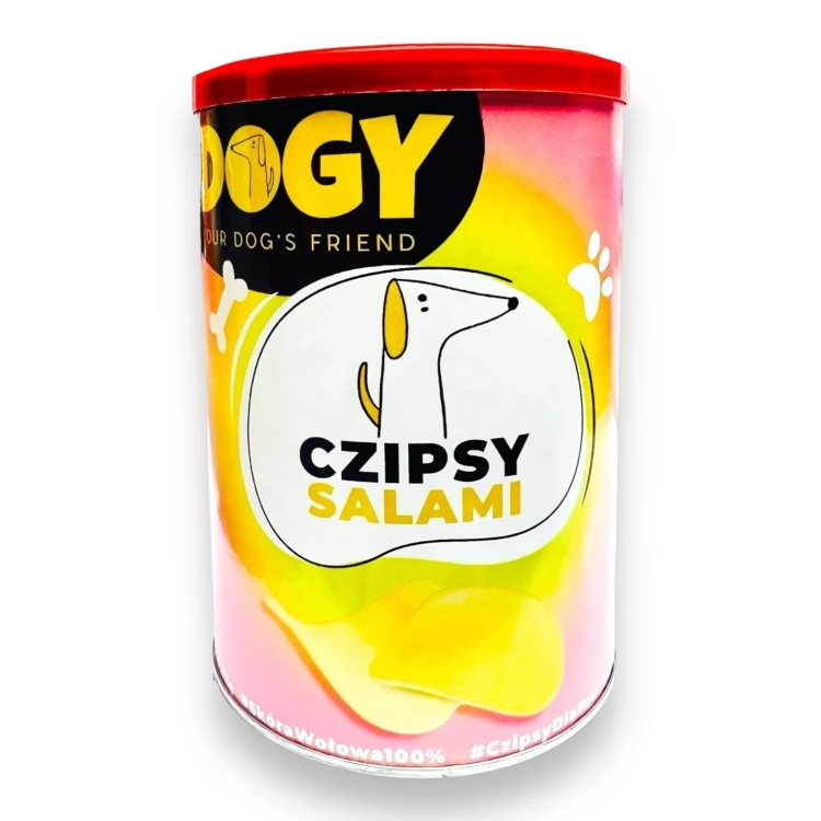 DOGY Czipsy Salami 120 g, tuba z gryzakami ze skóry wołowej i czerwoną pokrywką