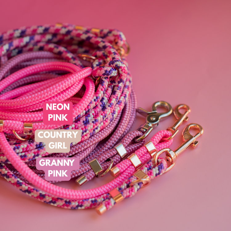Porównanie kolorów lin Bueno DOG: Neon Pink, Country Girl i Granny Pink