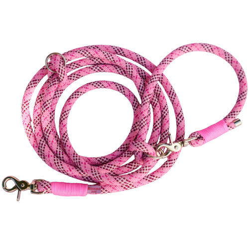 Smycz przepinana Tartan Pink z różowymi owijkami, złotymi karabińczykami i kółkami