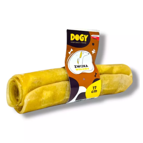 DOGY Zwijka Wołowa 17 cm, zwinięta skóra wołowa z etykietą