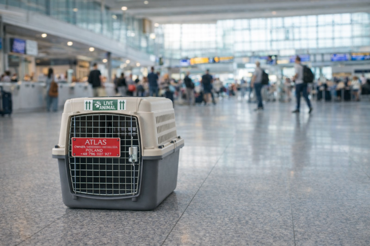 tabliczka dla psa do transportu w luku bagażowym, trensport psa samolotem, tabliczka identyfikator dla psa z danymi właściciela