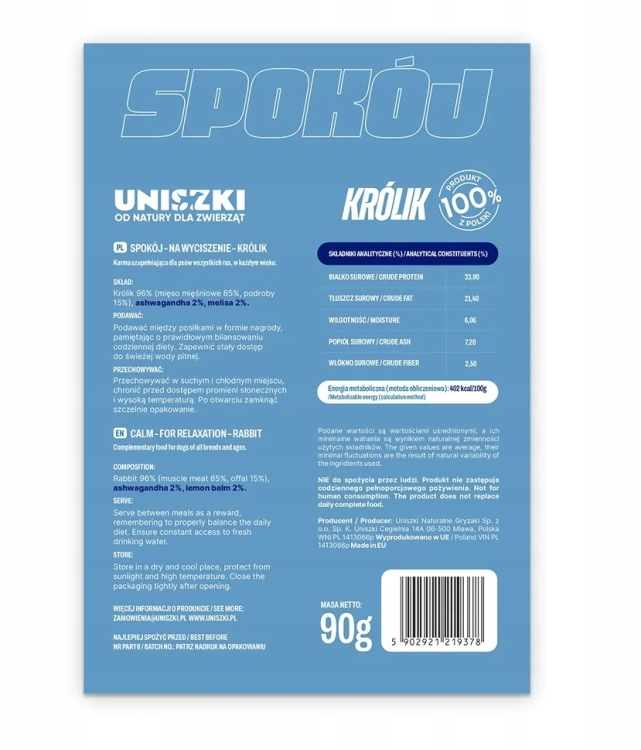 Uniszki Spokój Przysmak Funkcjonalny z Królikiem Dla Psa 90g na Wyciszenie – przysmak funkcjonalny z królikiem na wyciszenie psa, opakowanie