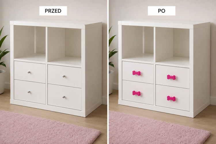 Gałki psia kość na szafkach zaplecza w hotelu dla psów
