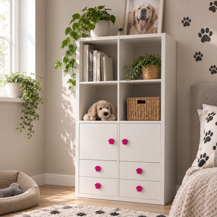 Gałka psia łapka przykręcona do białego frontu szafki kallax ikea