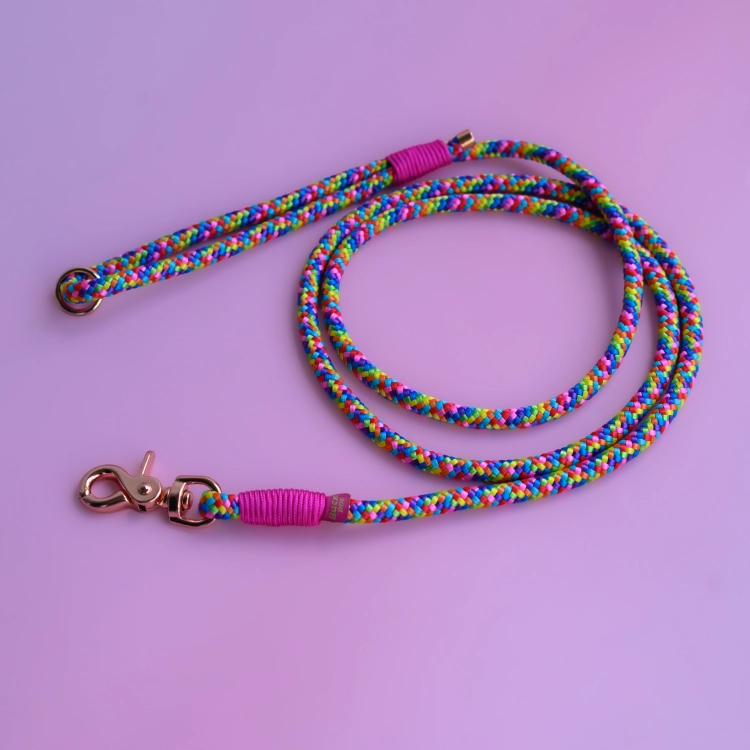 Smycz miejska Bueno DOG Rainbow z fuksjowymi owijkami i okuciami w kolorze różowego złota