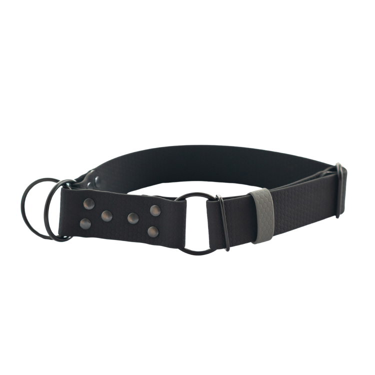 Czarna obroża półzaciskowa Bueno DOG Hexa 40 mm z szarą szlufką i regulatorem
