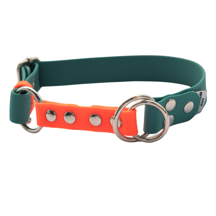 Turkusowa obroża półzaciskowa Bueno DOG Hexa 25 mm z neonowopomarańczowym paskiem
