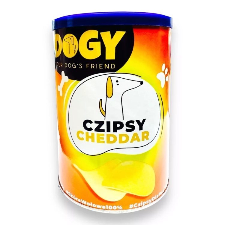 DOGY Czipsy Cheddar 120 g, tuba z gryzakami ze skóry wołowej i niebieską pokrywką