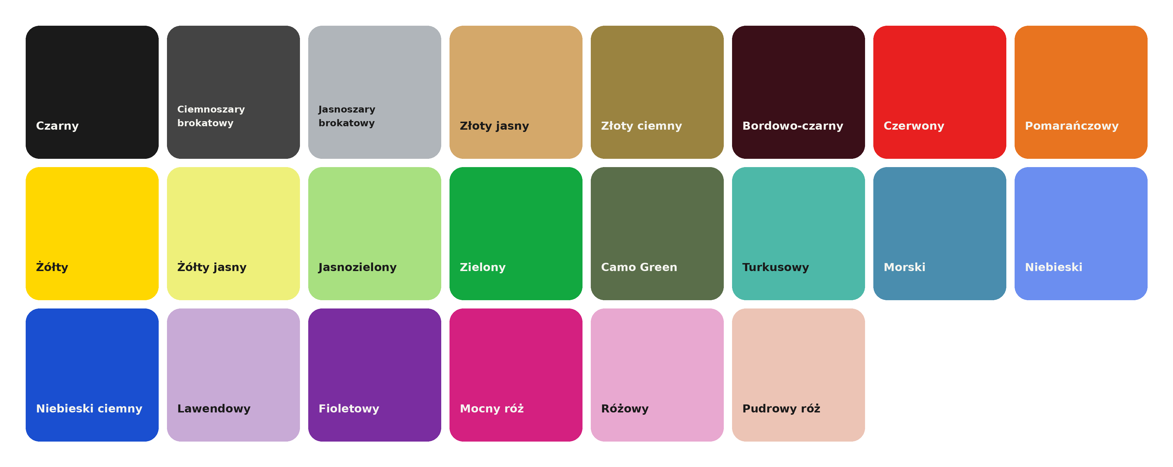 Color options for personalized dog name plates — full palette available at Bueno DOG