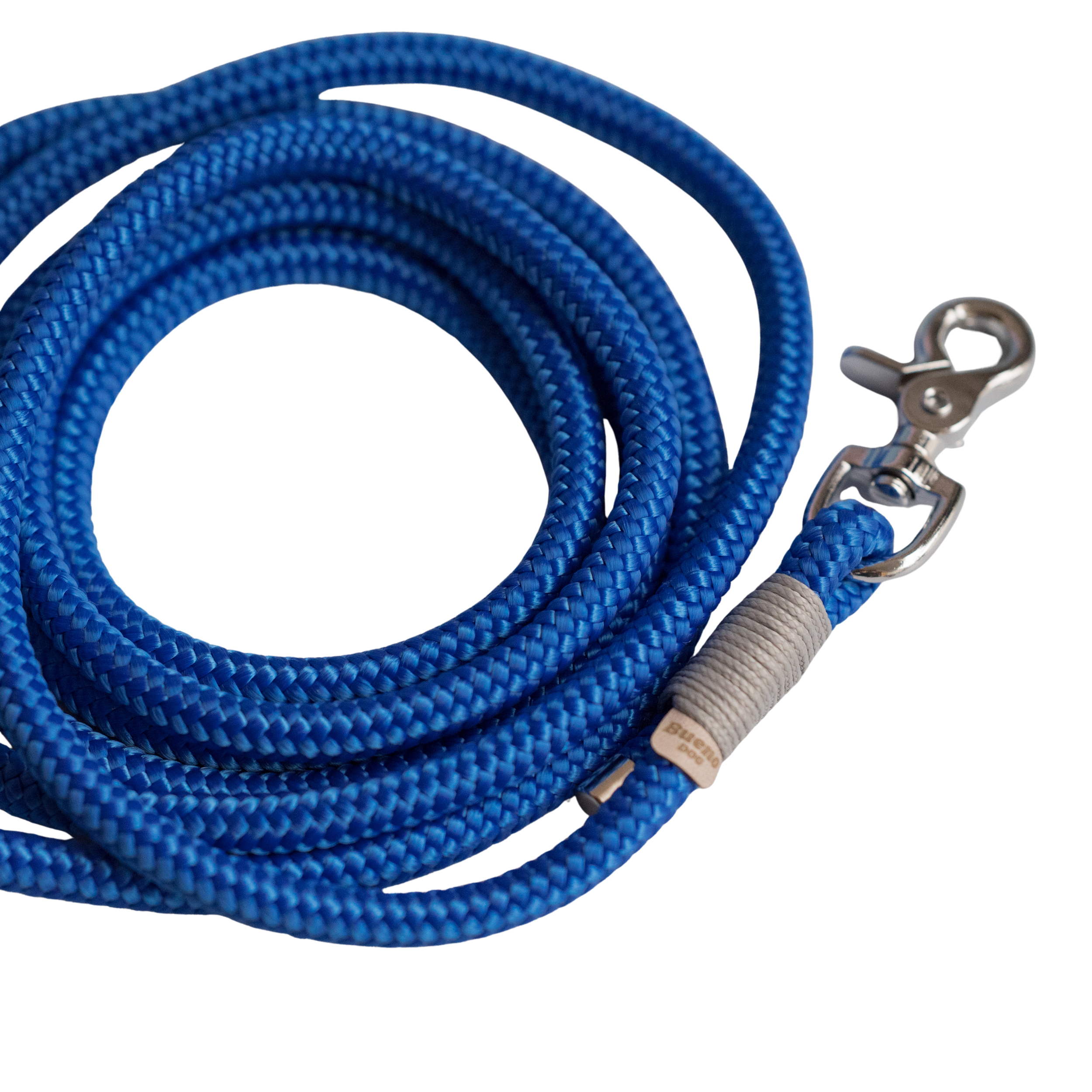 Lina Electric Blue z jasną owijką i srebrnym karabińczykiem, detal smyczy